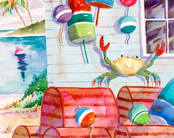 Crab Print, Beach Decor, Watercolor Print, Lobster Buoy Art, Colorful Art, Negley Watercolors, Tropical art, Key West decor, Florida print