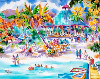 Può includere: Un dipinto ad acquerello che rappresenta una scena di spiaggia tropicale con palme, un bar chiamato "Foxy's" e persone che si rilassano in amache e nuotano nell'oceano.