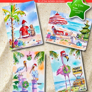 Tropical Christmas card set, Dog Christmas card, Cat Christmas Card,  Flamingo Christmas Card, Pelican Card, Florida Christmas, Ellen Negley