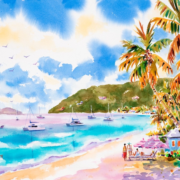Tortola Art, Cane Garden Bay, British Virgin Islands, BVI art, Ellen Negley Watercolors, Island art, tropical watercolor print, beach art