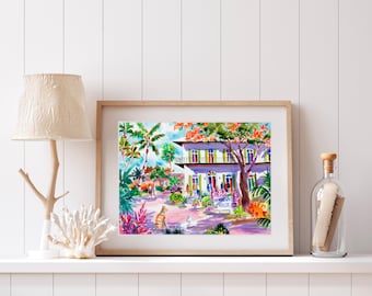 Hemingway House, Key West Art Print, Ellen Negley, Cat Art Print, Key West Watercolor, Key West Art, Tropical Wall Art, Hemingway Cat Art