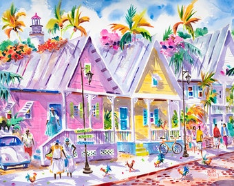 Key West Art, Original Watercolor Painting, Negley Watercolors,  Florida Keys art, Tropical art, Ellen Negley, Coastal Painting, Beach Art