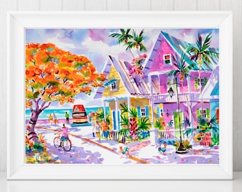 Southernmost Point Key West Art Print, Key West painting, Key West Canvas, Cottage Art, Ellen Negley, Rooster Art, Key West Florida Gift