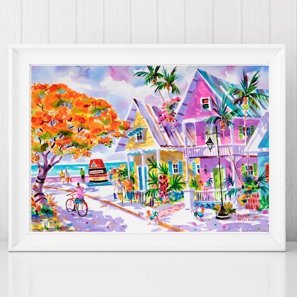 Impresión artística del punto más al sur de Key West, pintura de Key West, lienzo de Key West, arte rural, Ellen Negley, arte de gallo, regalo de Key West, Florida
