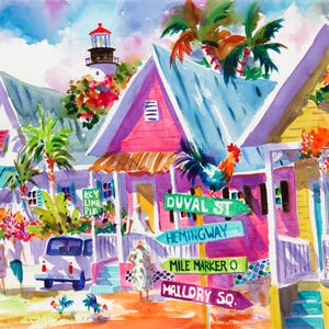 Key West Art Print, Key West painting, Key West Canvas Art, Hemingway House, Ellen Negley, Rooster Art Print, Key West Florida Gift