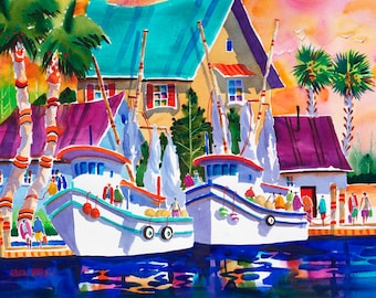 Colorful Print, Florida Art Print, Beach decor, Tarpon Springs, Florida, Tropical Art, Watercolor Print, Ellen Negley, Fishing Boats