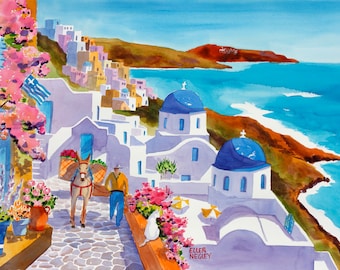 May include: A watercolour painting of a whitewashed village in Greece with blue domed churches, a donkey carrying baskets, and a person walking on a cobbled street. The village is on a cliff overlooking the turquoise sea.