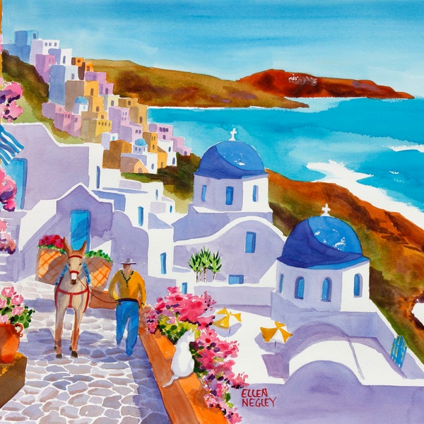 Santorini Print, Greek Island art, Cat print, Greece Watercolor Print, Mykonos art, Greece art print, Colorful print, Ellen Negley