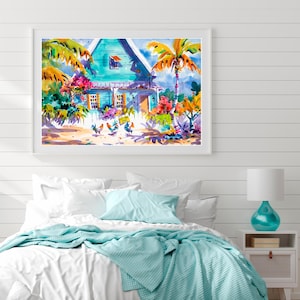 Key West Cottage Art,  Key West Rooster Wall Art, Key West Chicken Print, Florida Watercolor, Key West Art Gift, Ellen Negley Watercolors