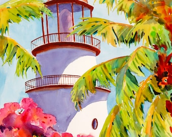 Original Watercolor Painting, Key West Lighthouse, Negley Watercolors, Florida art, Tropical art, Ellen Negley, Key West Art, Beach Art