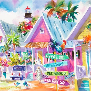 Key West Art, Key West painting, Key West Canvas, Hemingway House, Mallory Square, Ellen Negley, Rooster Art Print, Key West Watercolor