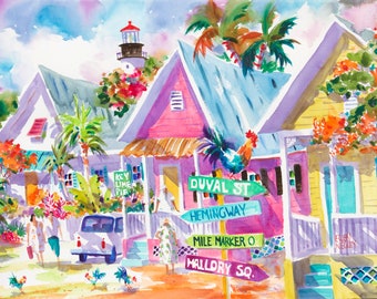 Key West Art, Key West painting, Key West Canvas, Hemingway House, Mallory Square, Ellen Negley, Rooster Art Print, Key West Watercolor