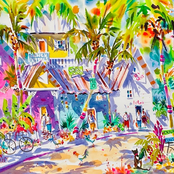 Acuarela de Cayo Hueso, Estampado de gallo, Calle Duval, Estampado tropical, Pintura de pollo, Estampado de la casa de Hemingway, Cayos de Florida, Negley, Lienzo