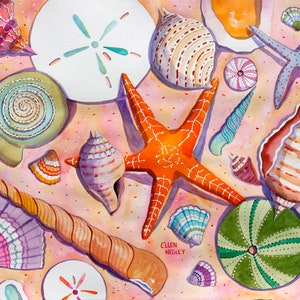 Seashell print, Starfish painting, Florida Beach Art, Sand Dollar print, Coastal art, Starfish Art Watercolor, Shell Painting, Ellen Negley