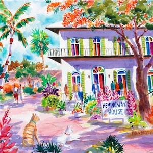Hemingway House Cat Art Print, Key West Watercolor Tropical Wall Art, Key West Art Print, Beach House Decor, Key West Vacation Art Gift