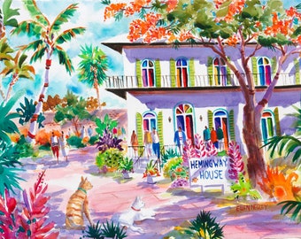 May include: A watercolor painting of a white house with green shutters and a balcony. The house is surrounded by lush tropical plants and trees. There are people walking in front of the house, and two dogs are sitting on the ground. The sign in front of the house reads "Hemingway House".