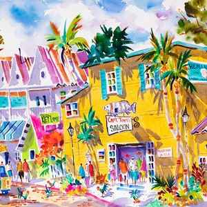 Key West Watercolor Print, Captain Tony's Saloon, Captain Tony's Key West, Ellen Negley, Rooster art Print, Key West painting, Sloppy Joes