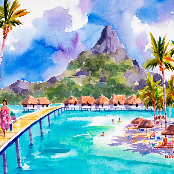Bora Bora Art Print, Tropical Wall Art, Hawaiian Canvas, French Polynesia Art, Ellen Negley, Tropical Island Print,  Beach Watercolor Print