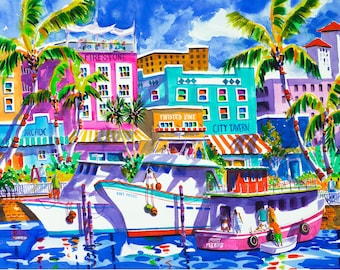 Pode incluir: Uma pintura em aquarela de uma cena colorida de litoral com palmeiras, edifícios e barcos. Os edifícios têm placas que dizem "Firestone", "Twisted Vine", "City Tavern" e "Arcade".