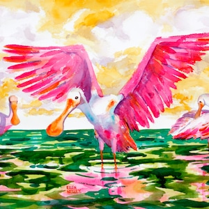 Spoonbill print, Tropical bird, Watercolor spoonbill, Florida art, wading bird art, Key West art, Colorful art, Whimsical Art, Ellen Negley