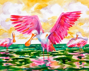 Spoonbill print, Tropical bird, Watercolor spoonbill, Florida art, wading bird art, Key West art, Colorful art, Whimsical Art, Ellen Negley