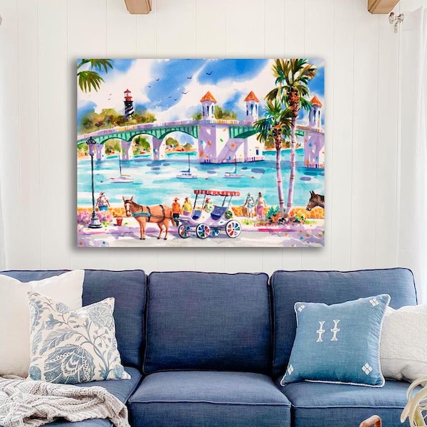 St. Augustine Watercolor Print, Bridge of Lions Wall Art,  St. Augustine Lighthouse Art, Florida Horse Carriage Art, Saint Augustine Canvas