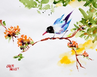 Original Bird painting, Asian inspired bird art, Tropical art, Ellen Negley Watercolors, Botanical watercolor