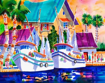 May include: A watercolor painting of two white fishing boats docked at a colorful waterfront. The boats are surrounded by palm trees and buildings with purple and blue roofs. The water is a deep blue with reflections of the boats and buildings.