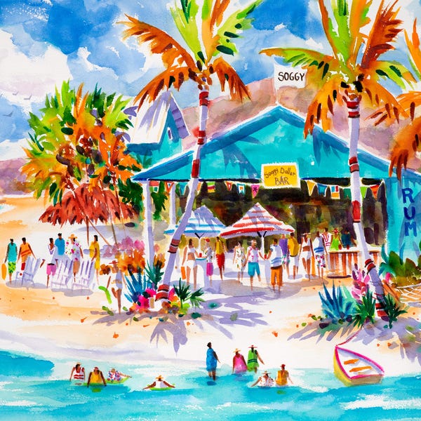 Bar Soggy Dollar, Islas Vírgenes Británicas, Arte playero caribeño, Arte de las islas de las VÍR, Arte mural tropical, Impresión en acuarela, Acuarelas de Ellen Negley