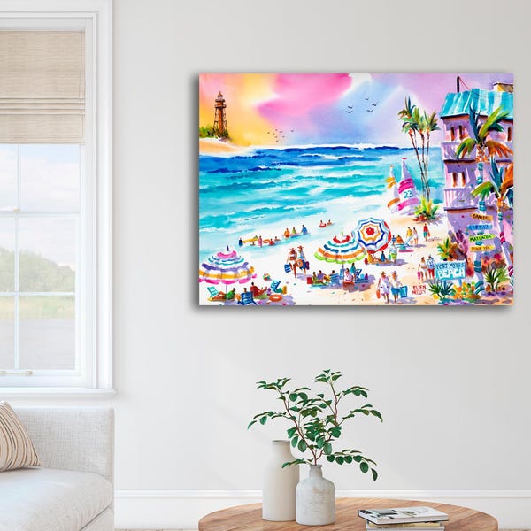 Arte mural de la playa de Fort Myers, pintura del faro de Sanibel, Florida, lienzo de playa tropical, Ellen Negley, acuarela de sombrilla de playa colorida