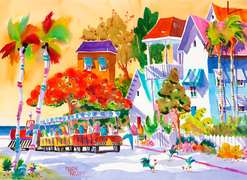 Key West Art Key West Conch Train Key West Florida Rooster Etsy
