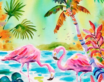 Pink Flamingo Watercolor Art Print or Canvas by Ellen Negley Watercolors