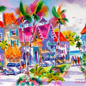 May include: A watercolor painting of a colorful street scene with palm trees, buildings, and people walking. The buildings are painted in bright pink, blue, and yellow hues. The palm trees are green and have a tropical feel. The people are walking down the street, and some are carrying bags. The painting is signed "Ellen Neeley" in the bottom right corner.