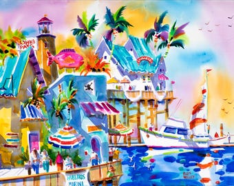 May include: A watercolour painting depicting a colourful waterfront scene with buildings, palm trees, a boat, and people. The buildings have signs that read "John's Pass" and "Seagulls". The boat is white with red and white stripes and is named "Sea Sprite". The painting is executed in a bright, vibrant style.