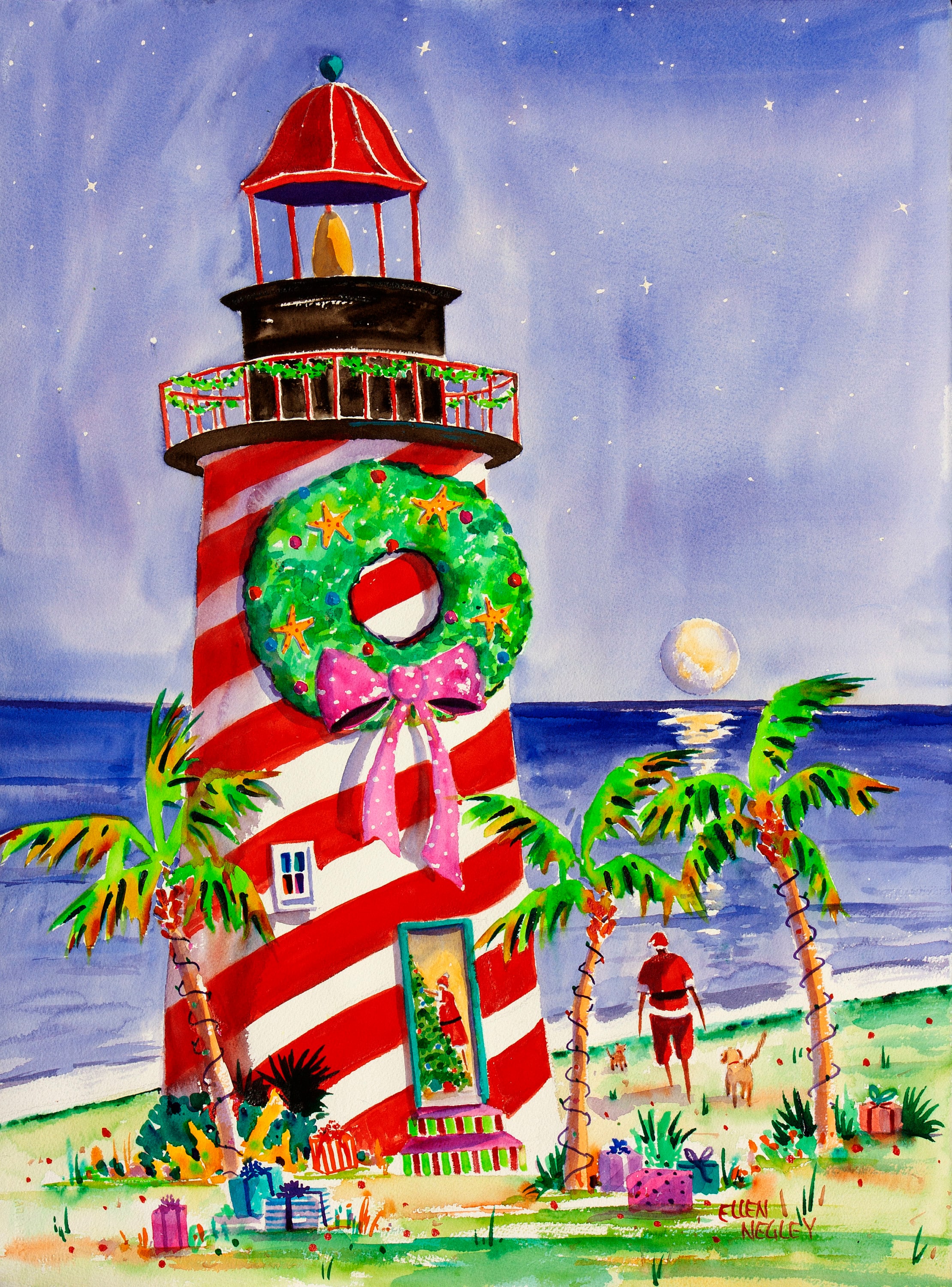 Christmas Lighthouse Art Santa Print Watercolor Gift Beach