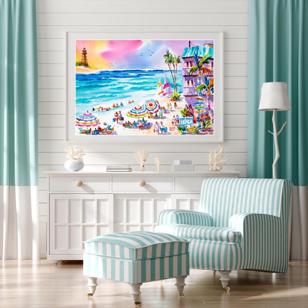Fort Myers Beach Art Print, Sanibel Florida Lighthouse Print, Colorful Umbrella Beach Wall Art, Ellen Negley, Tropical Beach Watercolor Art