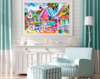 May include: A watercolor painting of colorful houses with palm trees and a lighthouse in the background. The houses have signs that read "Duval St", "Whiskey", "Mile Marker 0", and "Mallory Sq".