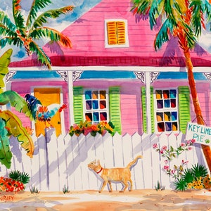 Key West Art, Tropical Wall Art, Key West Canvas, Tabby Cat, Key West Watercolor Painting, Rooster Painting, Key West Gift, Ellen Negley