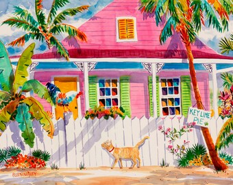 Key West Art, Tropical Wall Art, Key West Canvas, Tabby Cat, Key West Watercolor Painting, Rooster Painting, Key West Gift, Ellen Negley