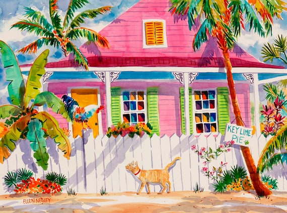Key West Art, Tropical Wall Art, Key West Canvas, Tabby Cat, Key West Watercolor  Painting, Rooster Painting, Key West Gift, Ellen Negley 