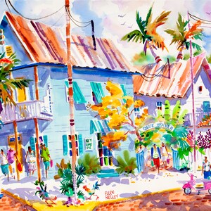 Key West Art, Blue Heaven, Rooster Print, Tropical Print, Chicken Painting, Ellen Negley Watercolors, Watercolor Print, Key Lime Pie Art