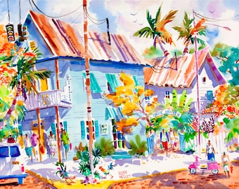 May include: A watercolor painting of a colorful building with a sign that reads "Blue Heaven" and "Key Lime Pie". There are palm trees and people walking in front of the building.