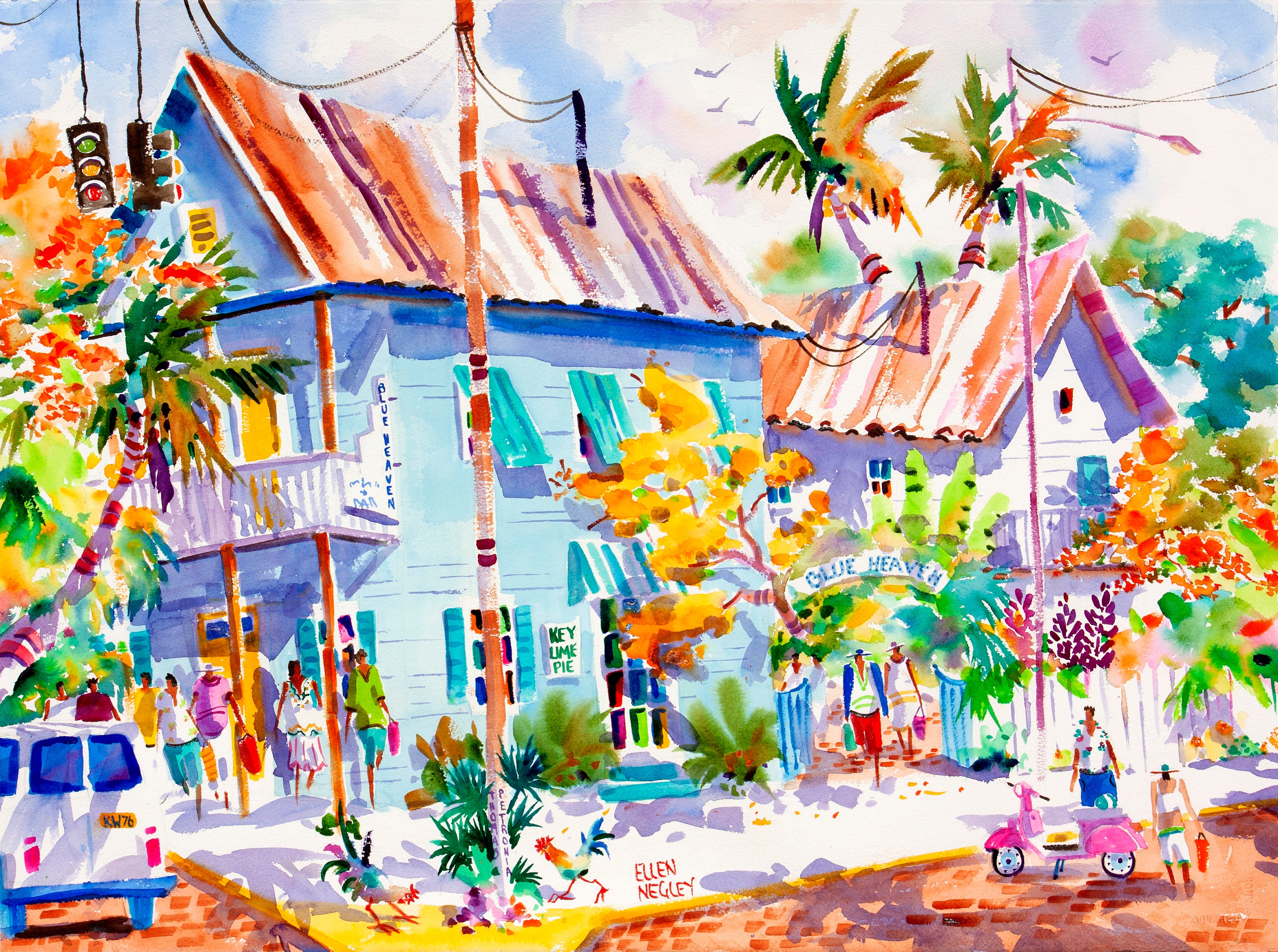 Key West Art, Blue Heaven, Rooster Print, Tropical Print, Chicken