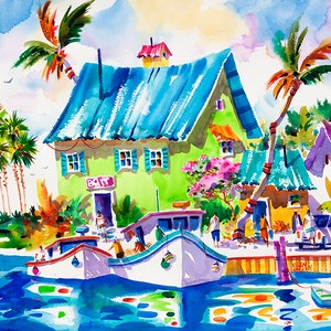 Key West Art, Beach Art Print, Canvas Art, Beach Painting, Tropical Watercolor, Island Art, Whimsical Painting, Colorful Print, Ellen Negley