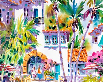 May include: Watercolor painting of a white building with a terracotta roof, surrounded by palm trees and lush greenery. The building has a blue door and windows, and there are people walking in front of it. The painting is signed "Ellen Nesley" in the bottom right corner.