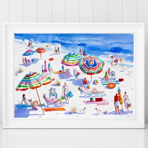 Pu&ograve; includere: Un dipinto ad acquerello che rappresenta una scena di spiaggia con persone che si rilassano sotto ombrelloni colorati. La spiaggia &egrave; di sabbia bianca e l'acqua &egrave; blu. Il dipinto &egrave; firmato "Ellen Henley".