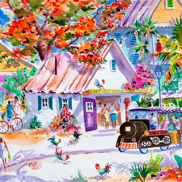 Key West Art, Key West Conch Train, Key West Florida, Rooster Print, Tropical Print, Key West Chicken Print, Tropical Painting, Ellen Negley