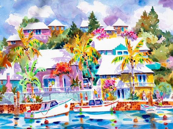 Island Art print, Bermuda, Caribbean art print, Key West art, Tropical watercolor, Whimsical art, Colorful Print, Ellen Negley, Florida art
