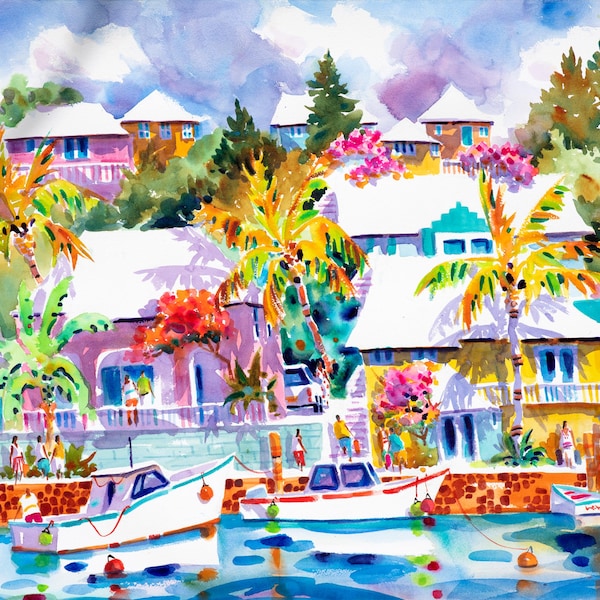 Impresión artística de islas, Bermudas, Impresión artística del Caribe, Arte de Cayo Hueso, Acuarela tropical, Arte caprichoso, Impresión colorida, Ellen Negley, Arte de Florida