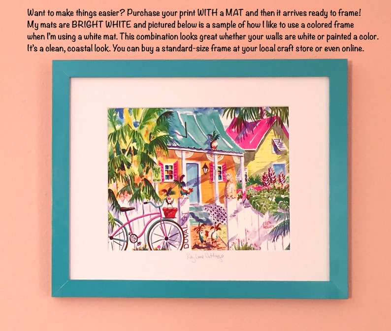 May include: A watercolor painting of a colorful house with a green roof and a white picket fence. The house is surrounded by lush greenery and flowers. A pink bicycle is parked in front of the house. The painting is framed in a teal frame.